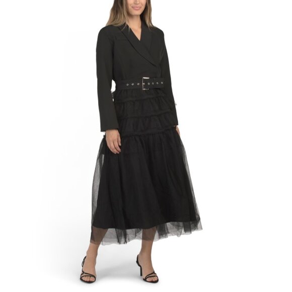 DALIA MACPHEE Black Long Sleeve Jacket Twofer Maxi Dress With Tulle Skirt - Picture 1 of 2